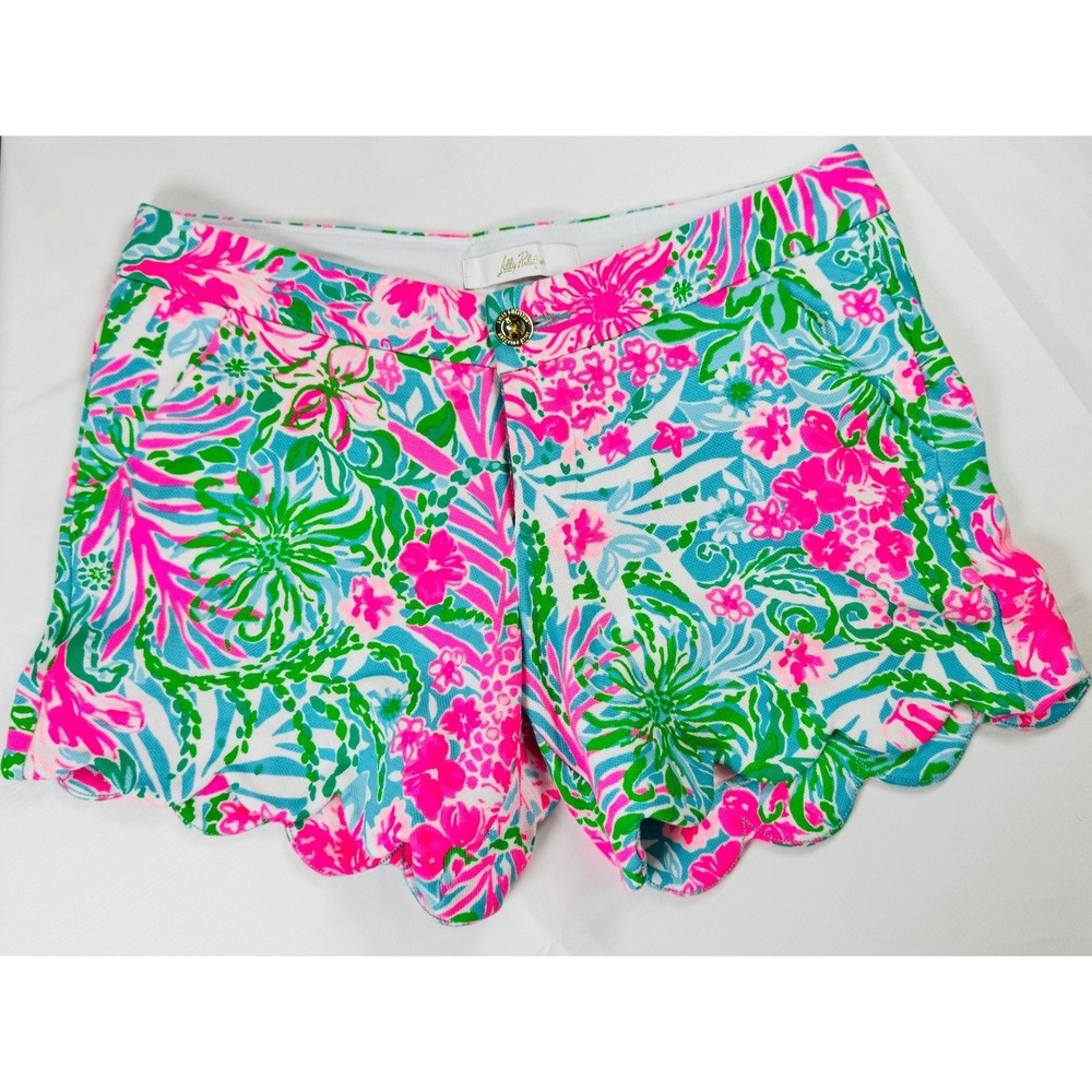 Lilly Pulitzer Buttercup Knit Shorts Women 6 Amalfi Blue Pink Leaf It Wild NWT - Picture 3 of 6
